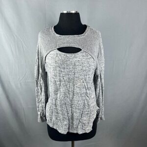 Absolutely Famous Knit Top Women Small Gray Ribbed Chic Front Cutout Long Sleeve